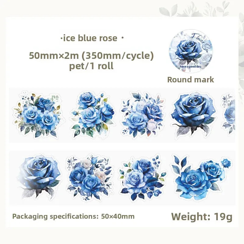 Waterproof PET masking tape roll with ice blue rose round flower stickers, 50mmx2m