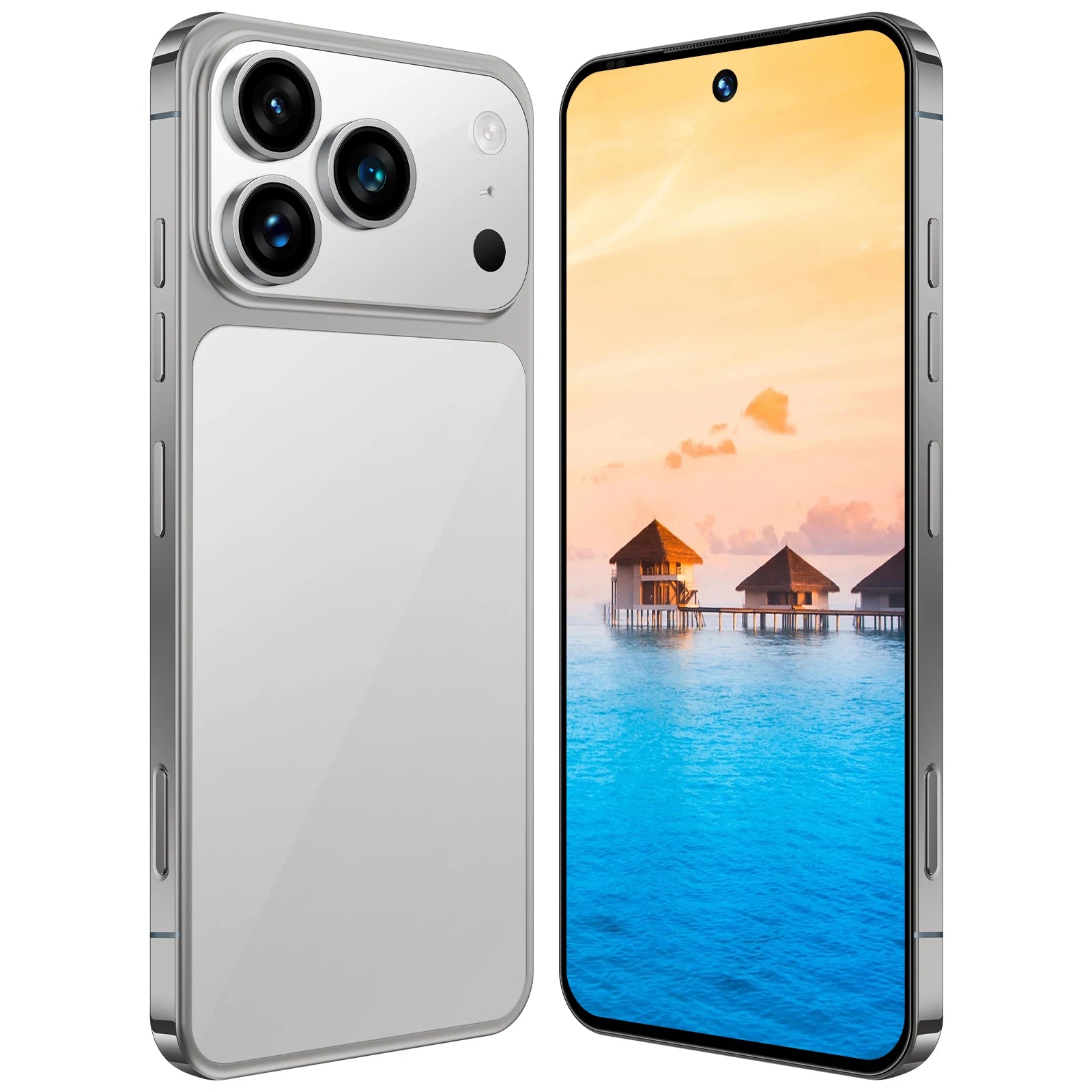 Silver smartphone with triple rear cameras and edge-to-edge front display