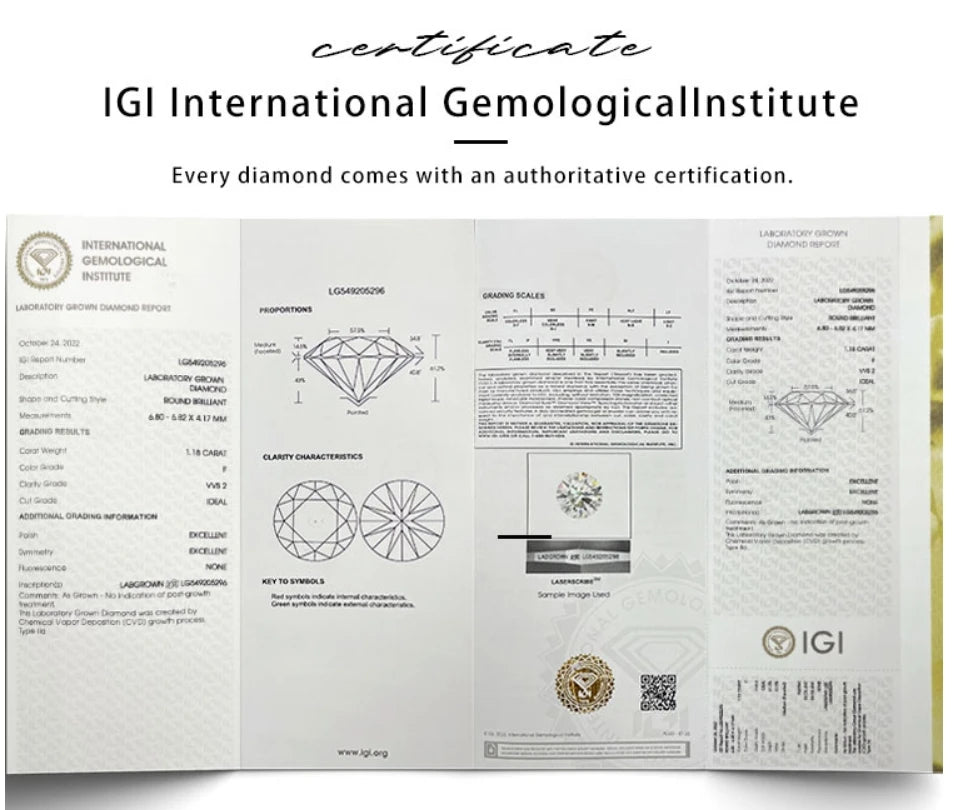 IGI diamond report page spread with certification text and diagrams