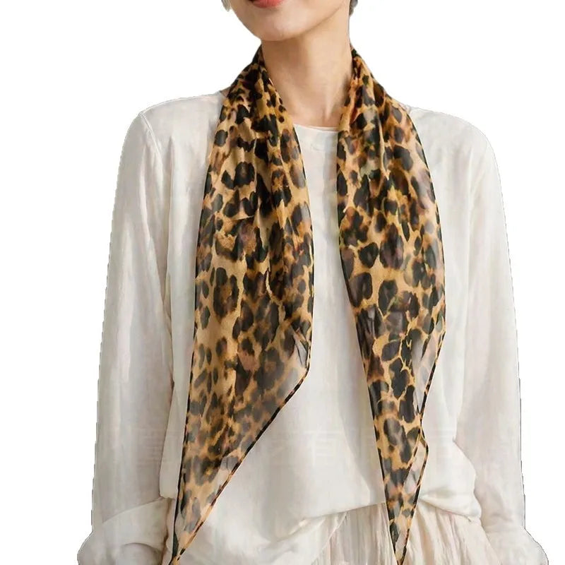 Luxury brown leopard print silk scarf, square neck wrap for women, stylish animal print chiffon accessory.