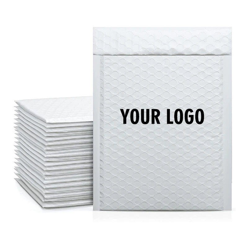 White bubble mailers with “YOUR LOGO” print, waterproof padded shipping bags