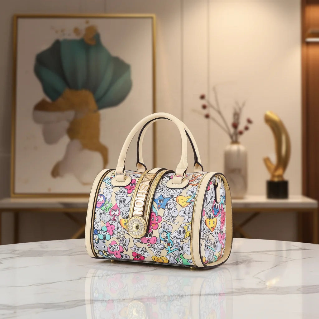 29cm designer trunk handbag featuring colorful cartoon fashion prints, cream leather trim, and a decorative gold clasp.