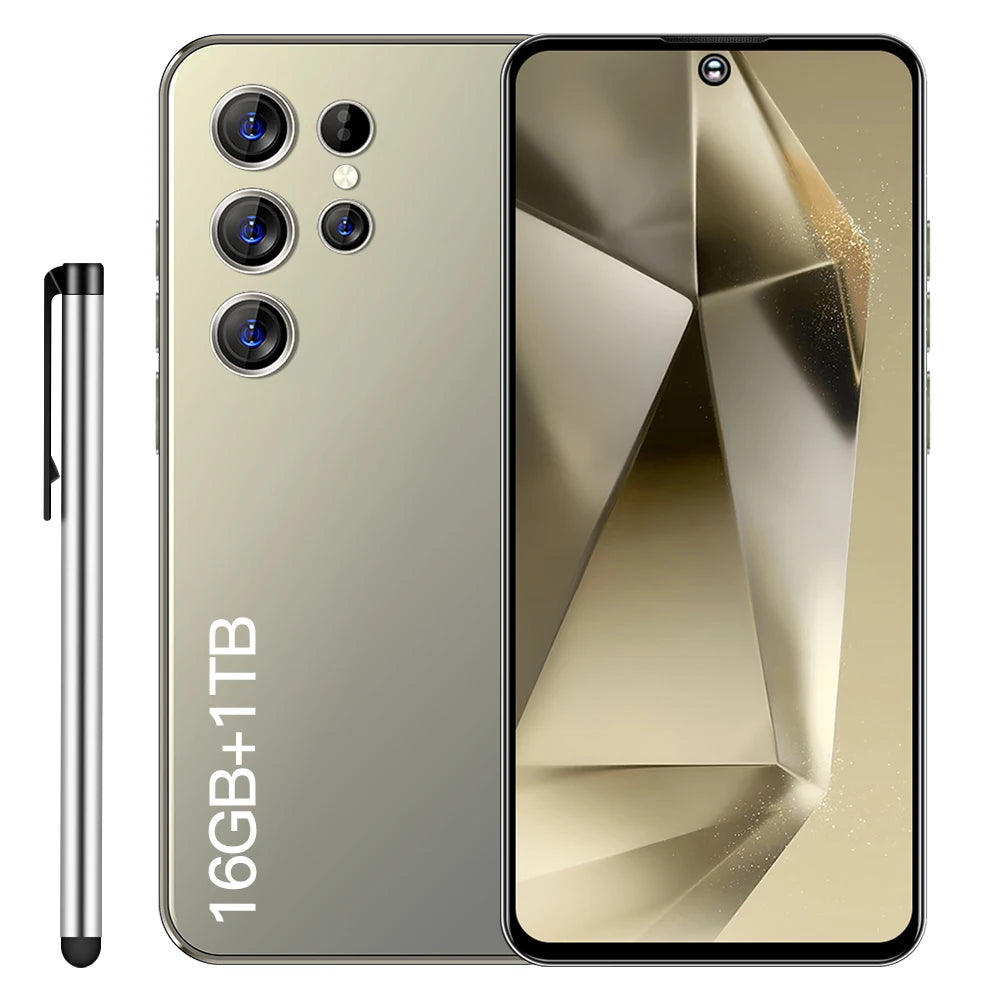 Gold smartphone with quad rear cameras and front display, marked 16GB+1TB