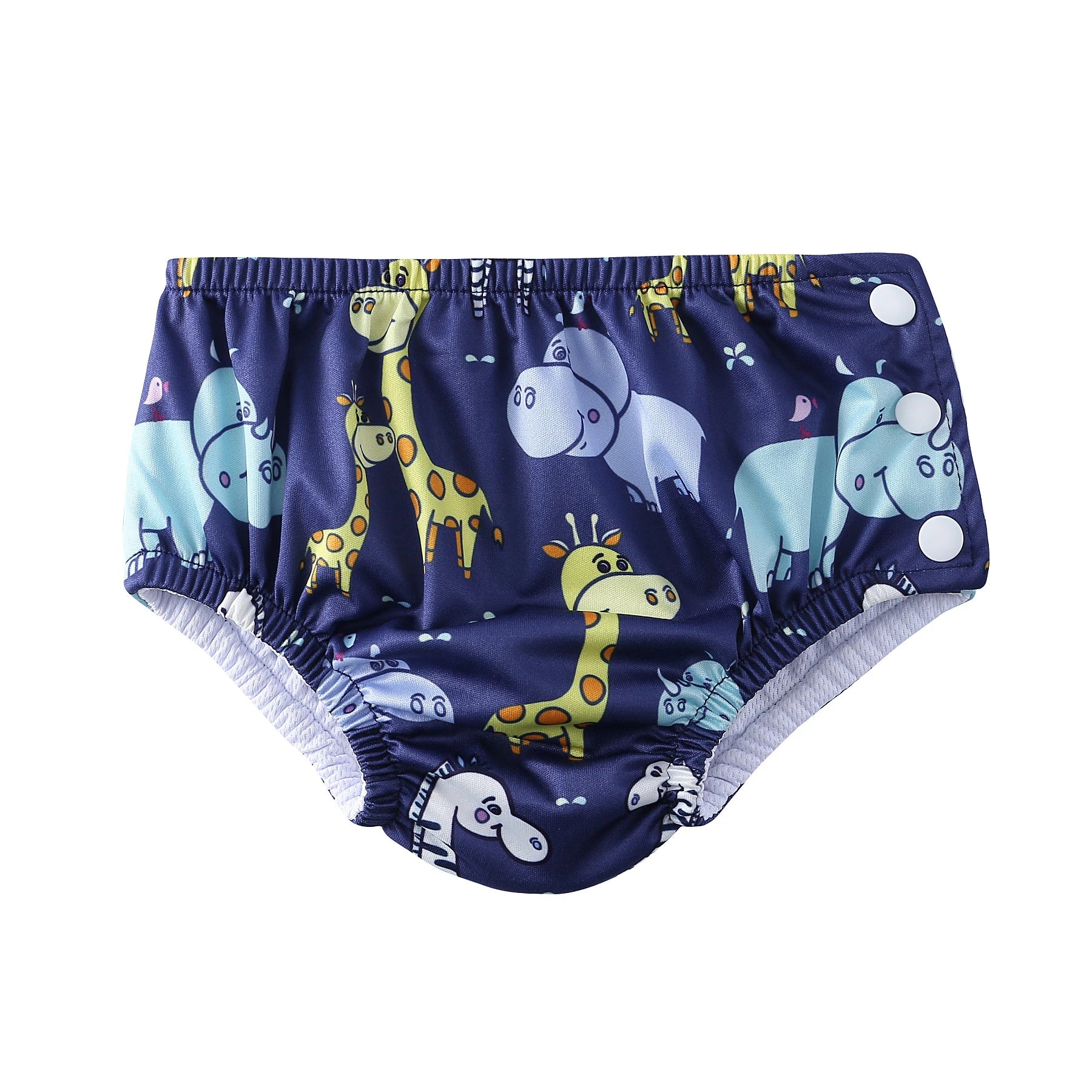Reusable baby swim diaper in navy with giraffe, hippo, and zebra print, featuring adjustable side snap buttons.
