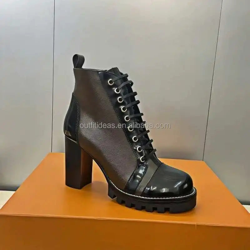 Original Sole Genuine Leather Patent Monogram Platform 3.1 Inch High Heel Calfskin Women Leather Laces Star Trail Ankle Boot