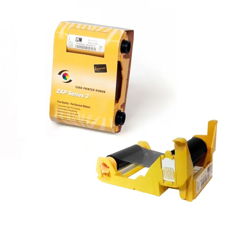 Yellow thermal transfer ribbon cartridge with mounting holder and black ribbon