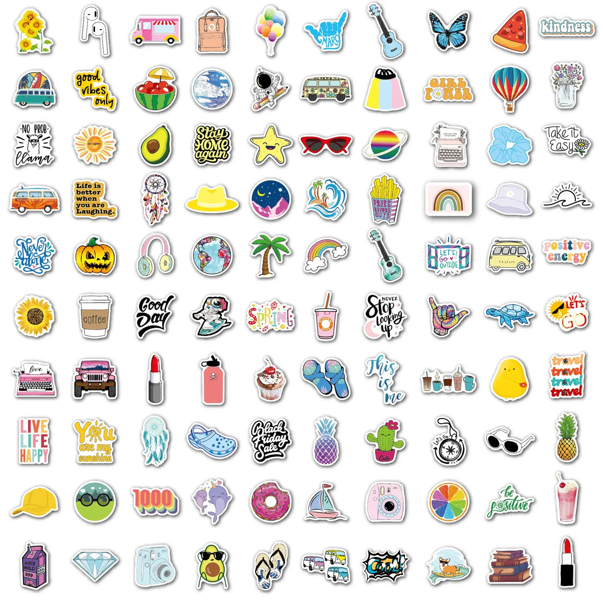 Waterproof vinyl sticker sheet with many small icons arranged in grid