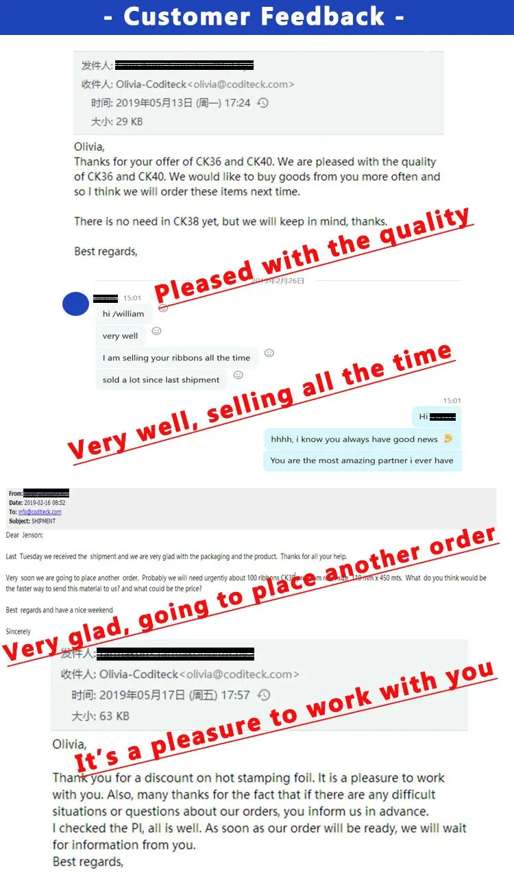 Thermal transfer ribbon customer feedback page with highlighted review text