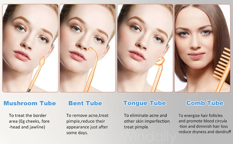 Four glass high-frequency facial electrodes: mushroom, bent, tongue, and comb shapes for skin and hair treatment.