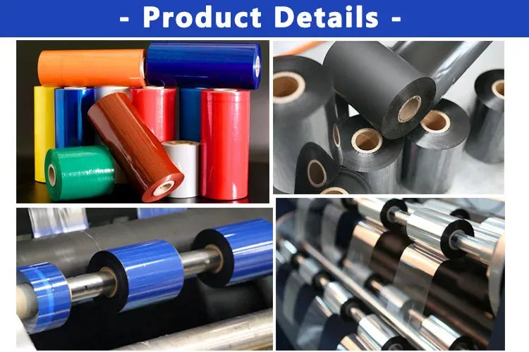 Product details collage showing thermal ribbon rolls in different colors and angles