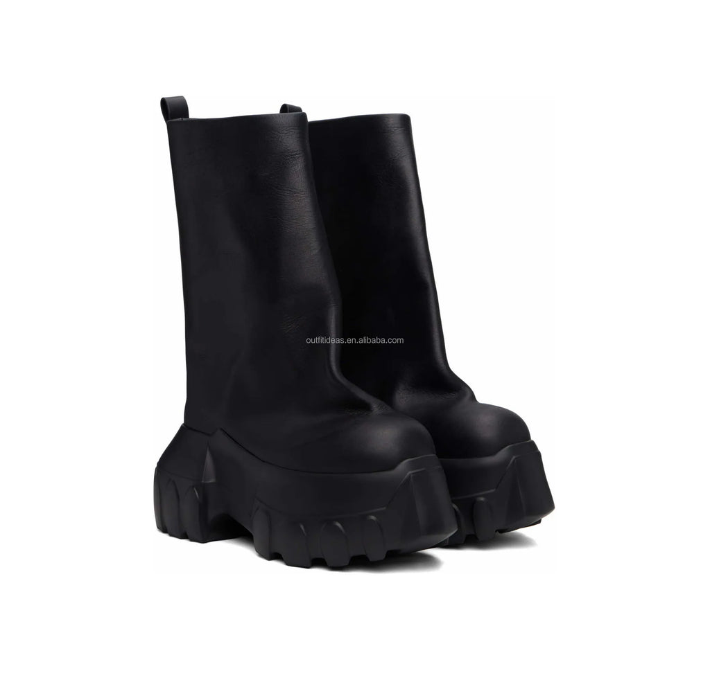 Round Toe Calf Leather Original Unisex Women High Block Heel Platform Dress Shoes Black Men Hollywood Flared Mega Tractor Boots