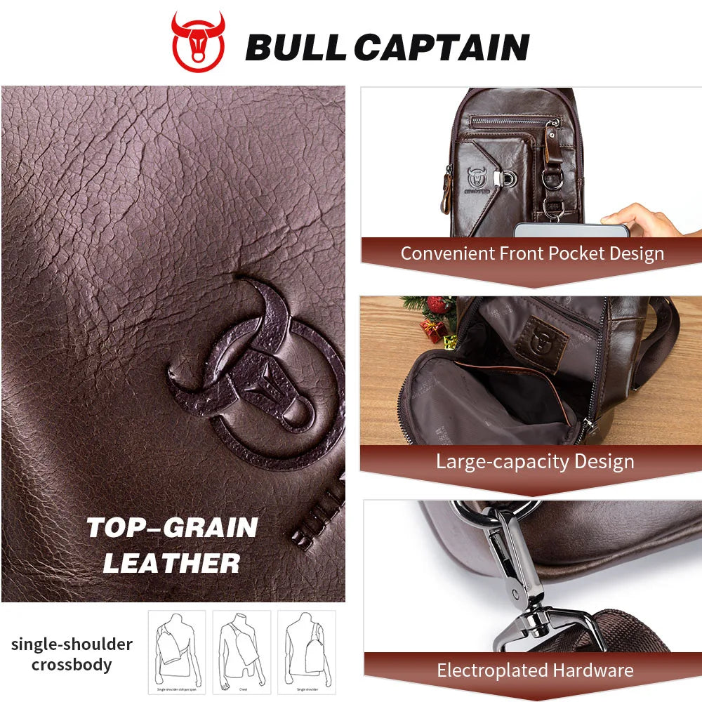 BULLCAPTAIN brown genuine leather crossbody sling bag for men with top-grain texture, metal hardware, and zip pockets.