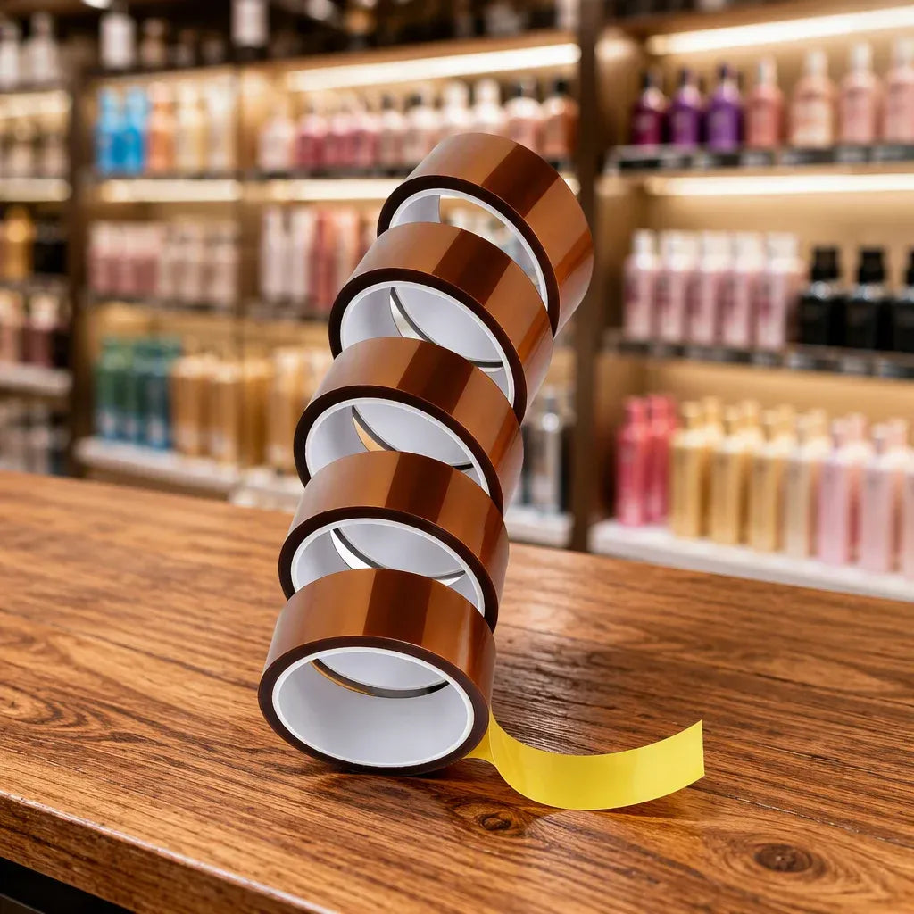 Copper-brown tape rolls stacked with yellow die-cut strip on a wooden surface