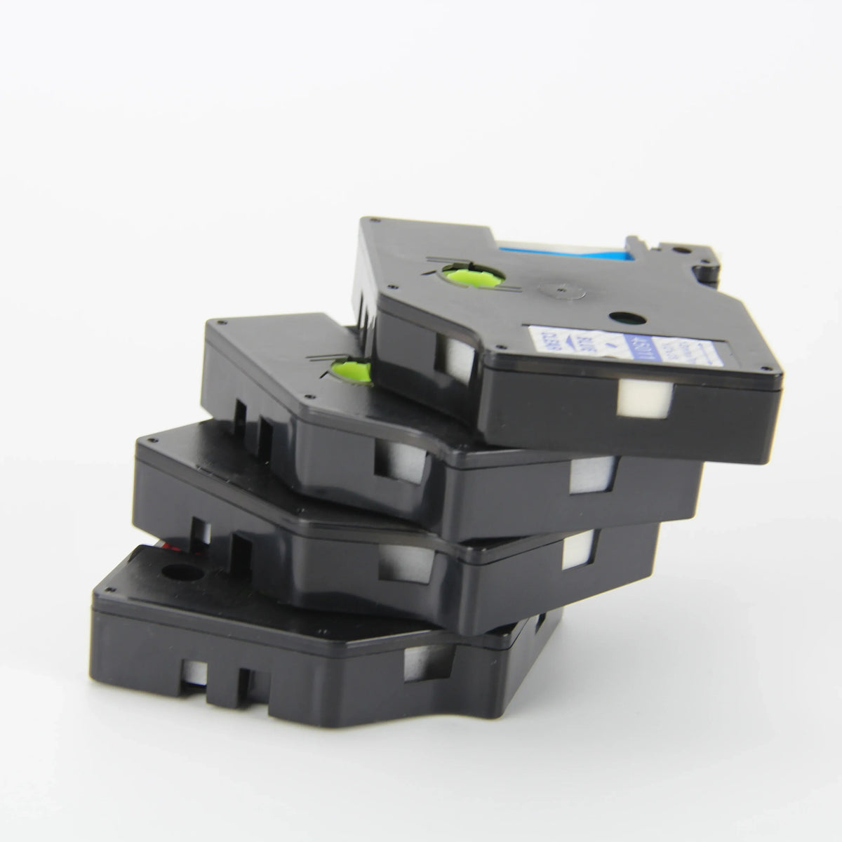 Stacked view of black D1 thermal tape cassettes with blue strip and green indicator