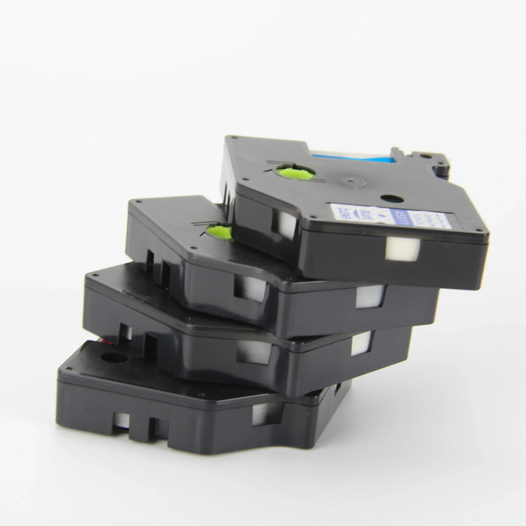 Stacked thermal label cassettes, black cartridges with green adjustment wheels
