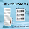 Thermal matte silver label strip with barcodes, 50mm x 20mm size shown