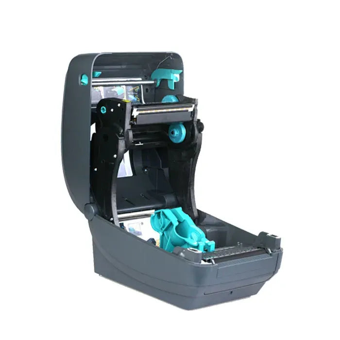 Thermal label printer with open casing showing teal ribbon rollers
