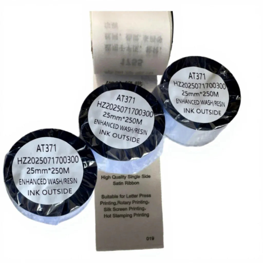 Thermal transfer resin ink ribbon rolls with labels, including 25mm x 250M size text