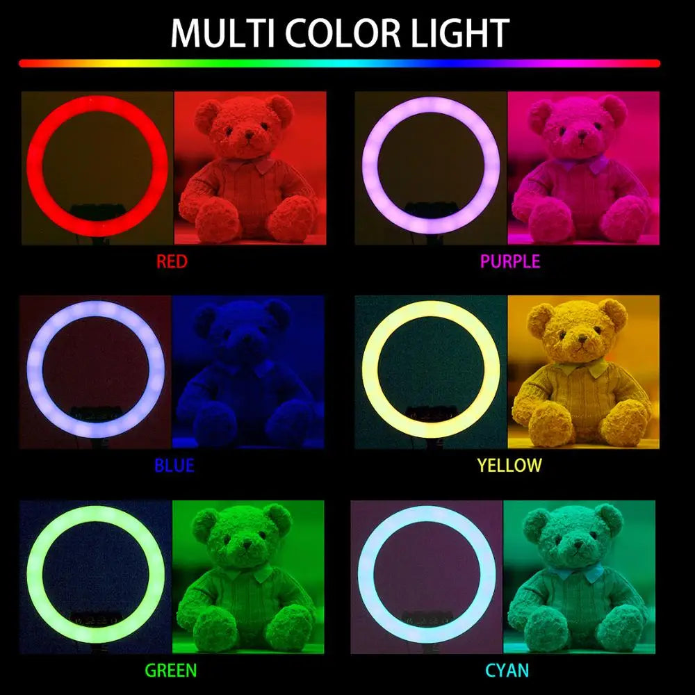 Circular multi-color LED ring light showing various lighting modes casting different hues on a teddy bear.