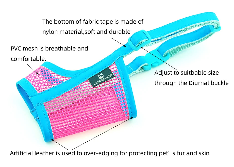 Adjustable breathable pink mesh dog muzzle with soft nylon and faux leather trim for comfortable, safe puppy training.