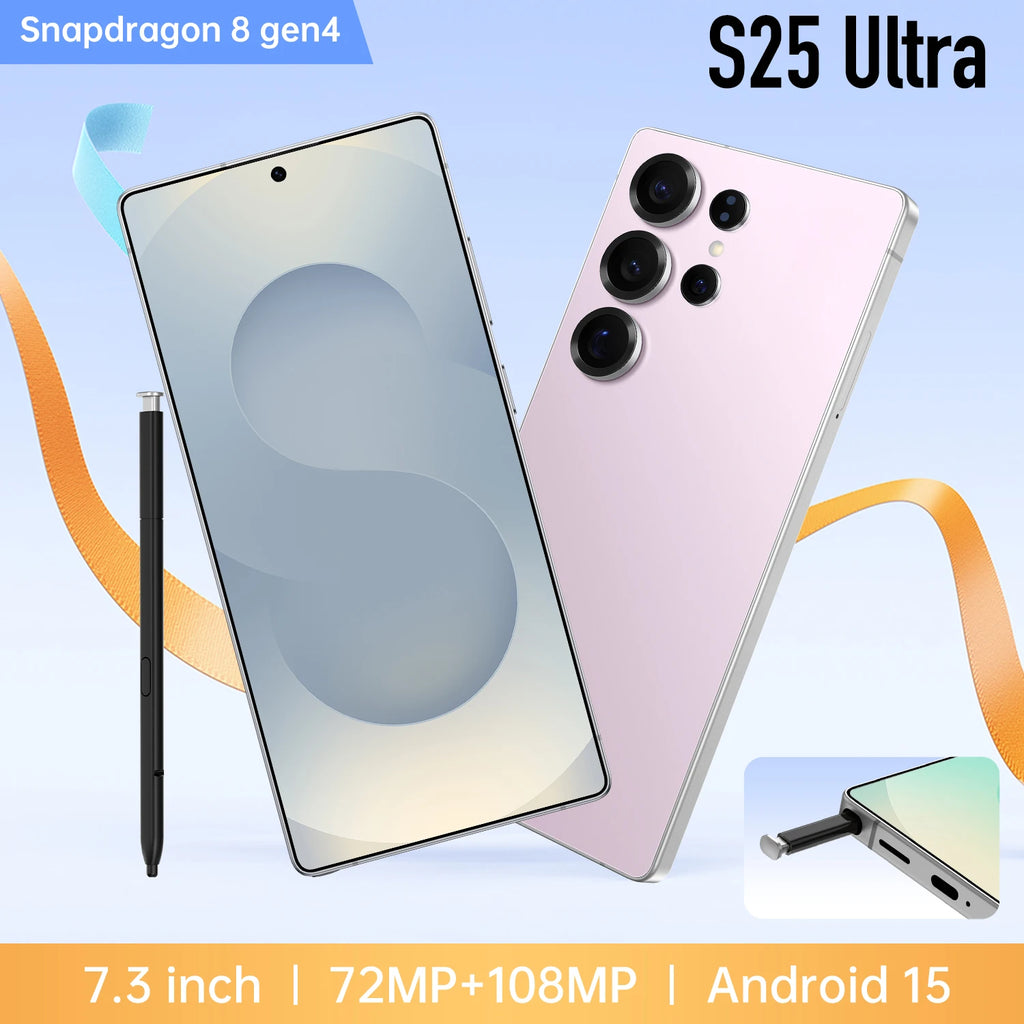 Tidesmit S25 Ultra 5G smartphone with 108MP camera, 7800mAh battery, and integrated stylus in sleek titanium finish.
