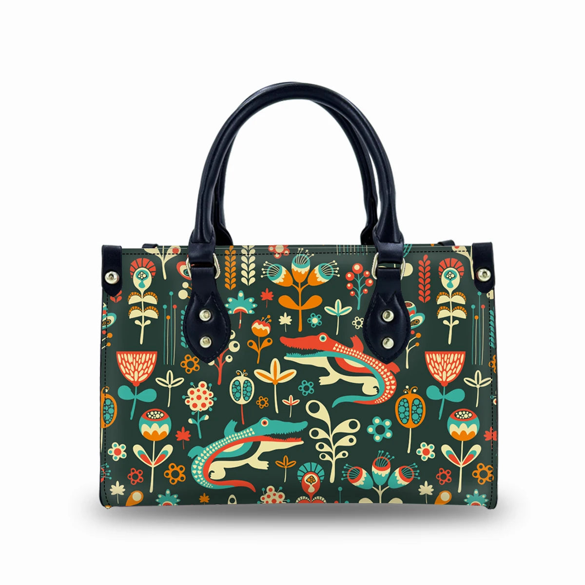 Genuine leather trunk handbag in dark green with colorful crocodile and floral print, black handles and metal hardware.