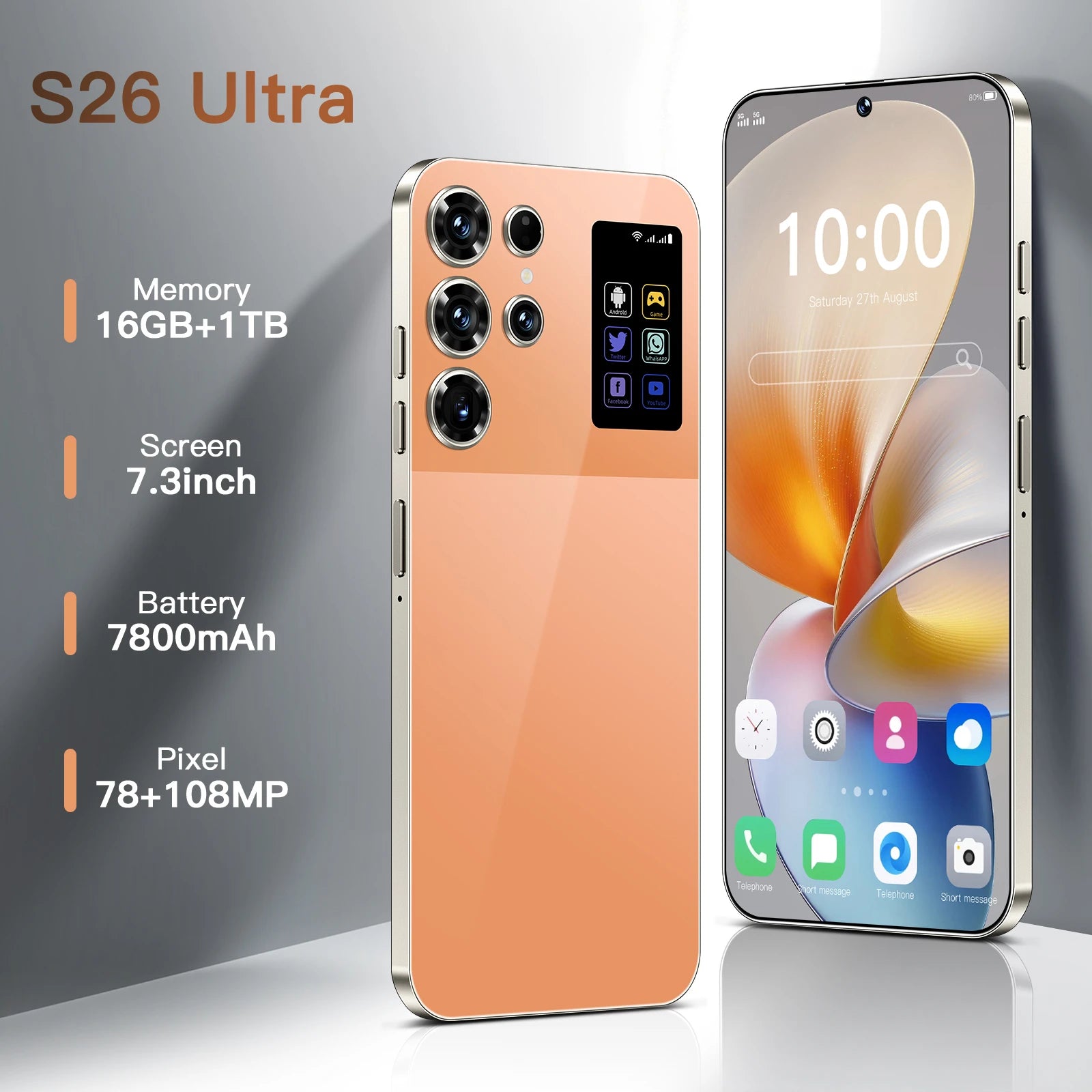 Tidesmit 2026 S26 Ultra 7.3 inch OLED 120Hz display with 108MP camera and sleek design side profile view
