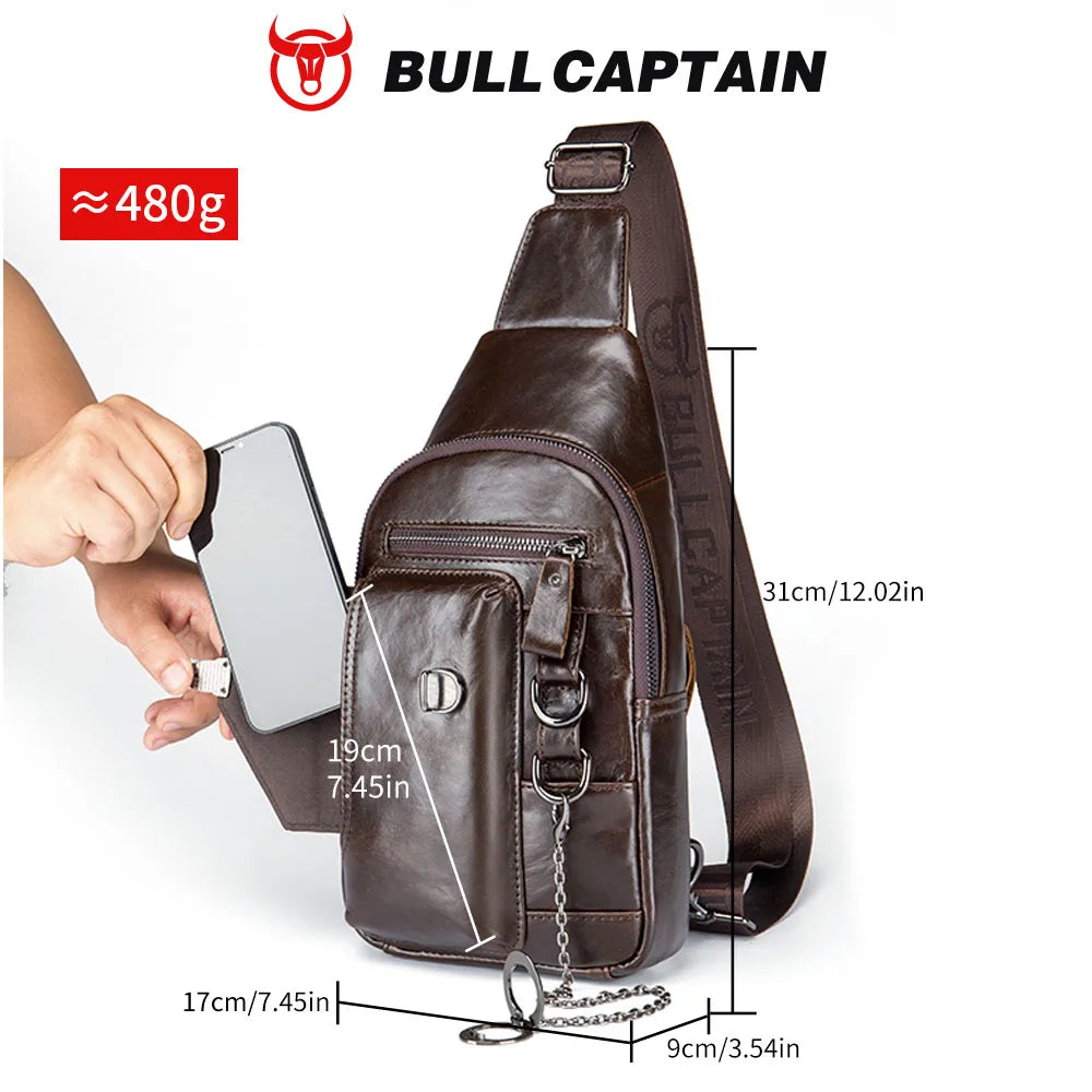 BULLCAPTAIN dark brown genuine leather crossbody sling bag for men with metal chain detail and cellphone stand.