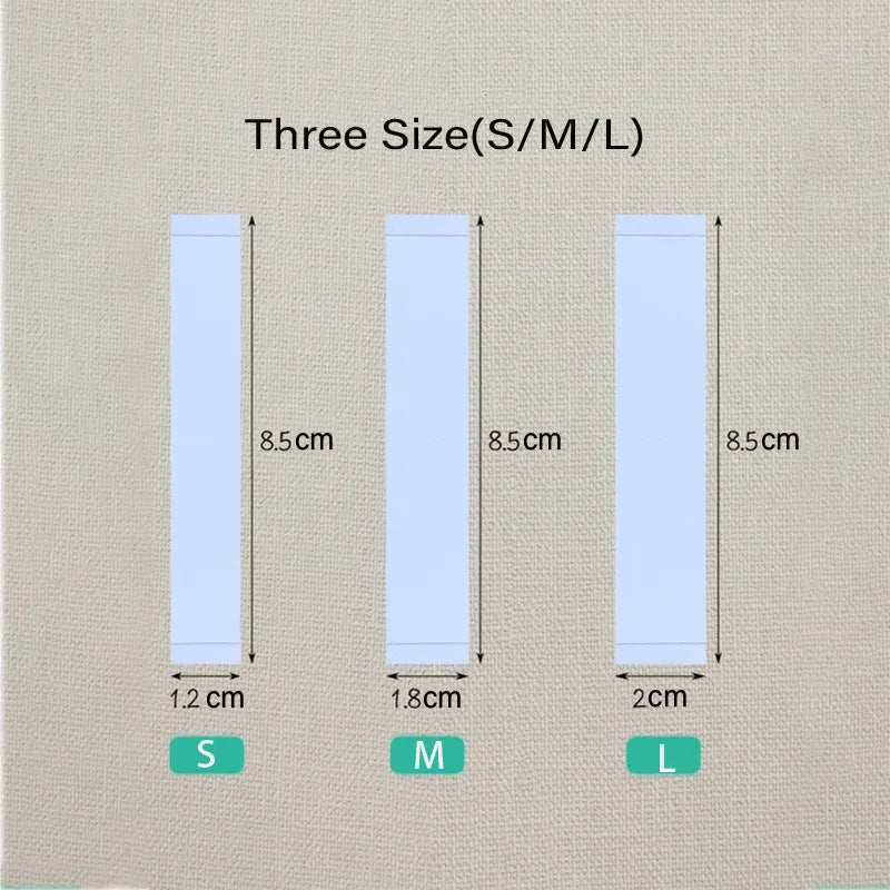 Transparent tape strip sizes S, M, and L with width measurements