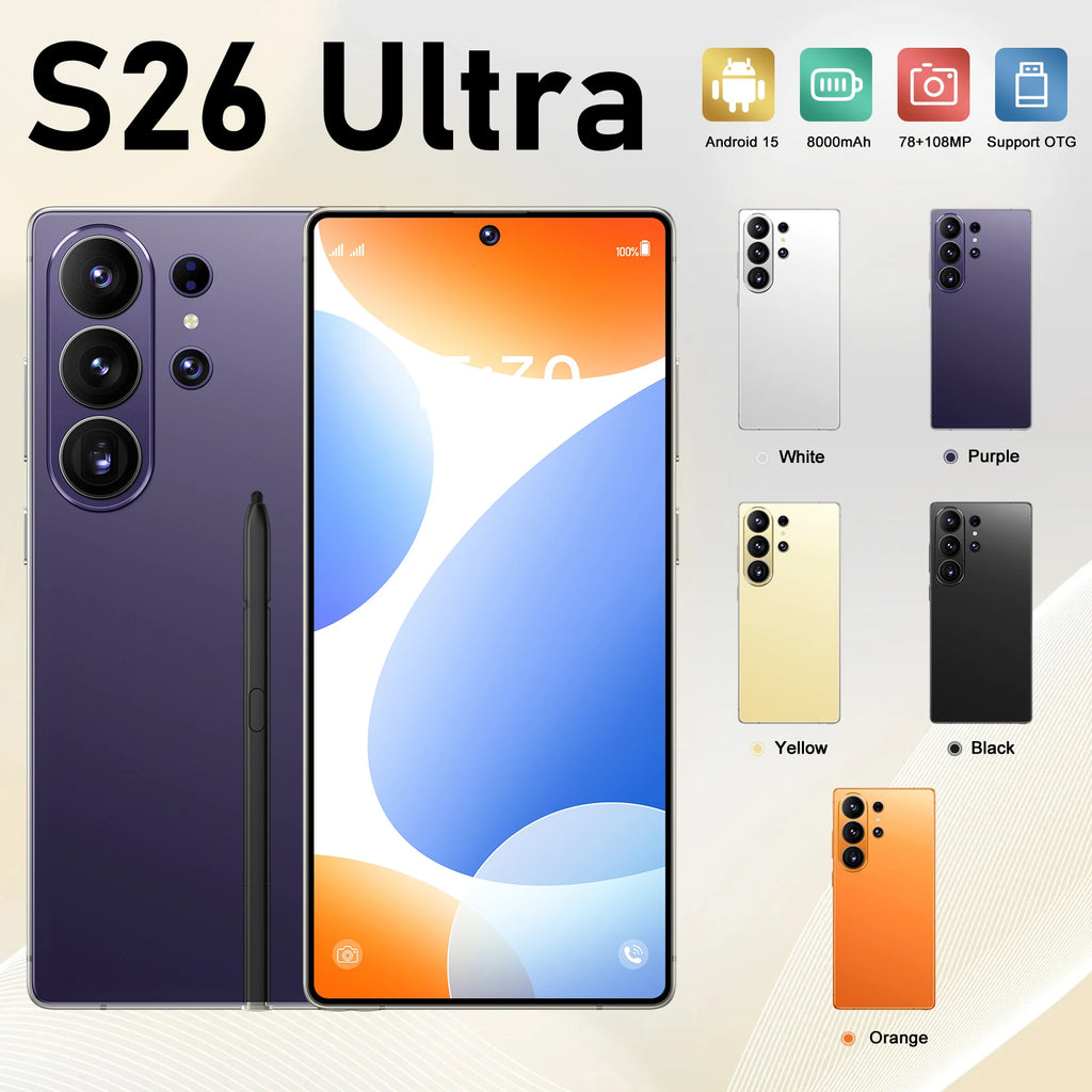 2026 S26 Ultra smartphone featuring 7.3-inch 144Hz display, 16GB RAM, 1TB storage, and 108MP camera, Android 15