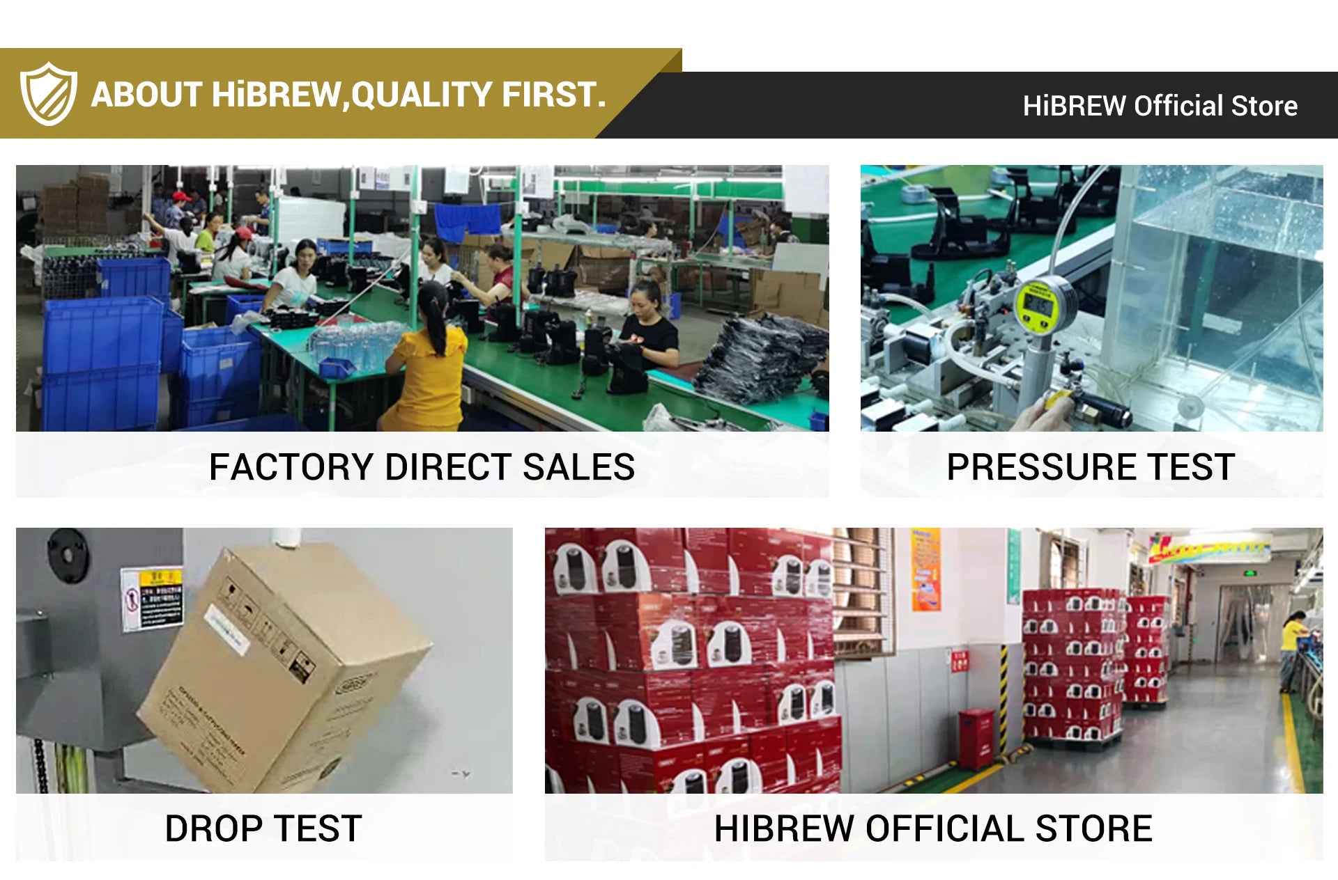 HiBREW coffee maker factory assembly, quality control pressure testing, drop testing, and boxed product warehouse.