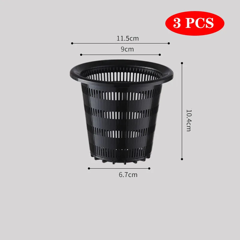 Black mesh hydroponic net cup, 3 pcs, 9 cm opening (front view dims)