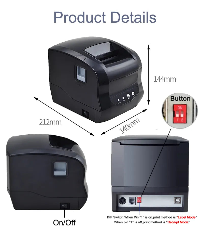 Black thermal printer shown from multiple angles with side ports and power button