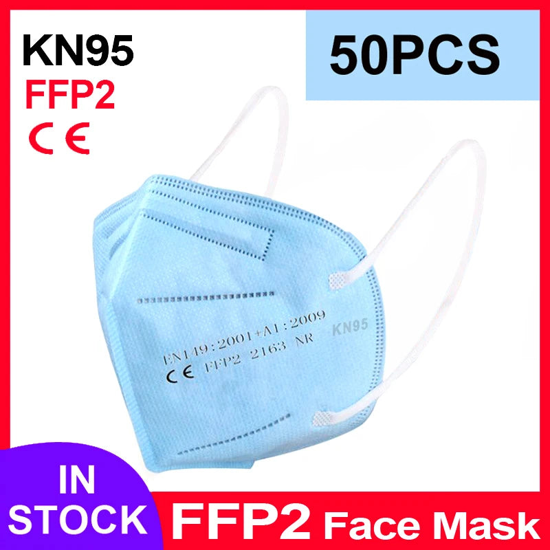 Blue 5-layer FFP2 KN95 face mask with soft texture and white elastic ear loops for adult protection.