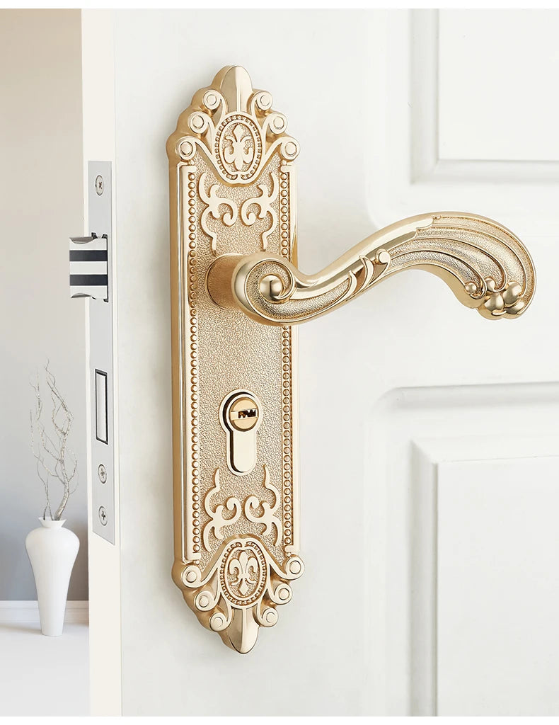 KAK European Style Gold Door Locks with Keys Door Handle Ivory White Security Entrance Door Lock Mute Anti-theft Door Hardware