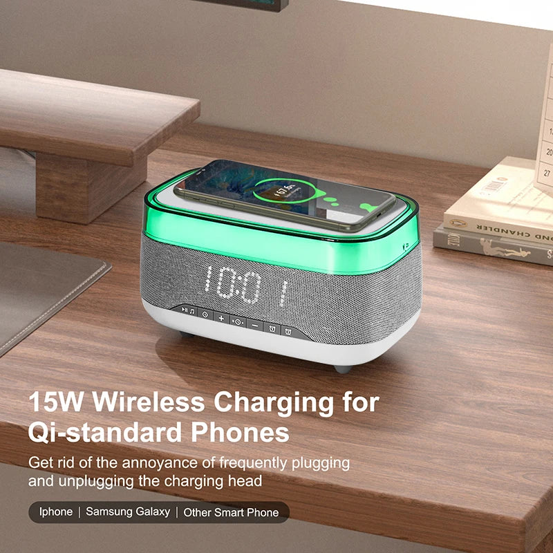 2025 New Multifunction Chargers RGB Led Night Light 15w Fast Wireless Charger Blue Tooth Music Speaker with Alarm Clock Tidesmit