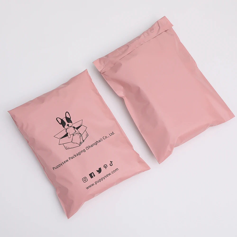 Pink poly mailer shipping bags with bunny logo and social icons print