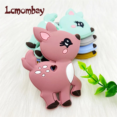 Multi-colored silicone deer baby teething toy for soothing sore gums.