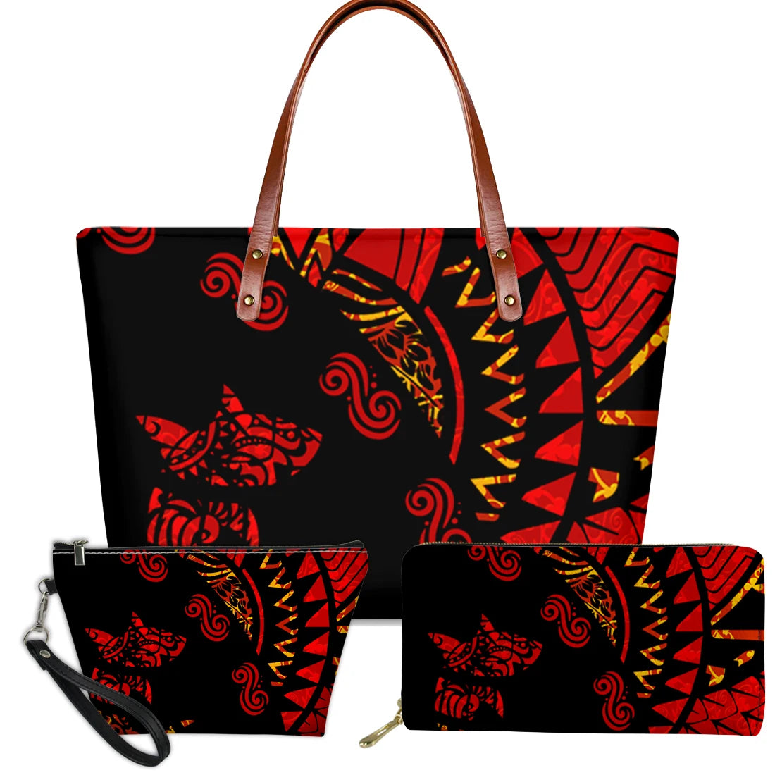 3-piece handbag set with black and red Polynesian tribal turtle and floral print, featuring brown leather-style straps.
