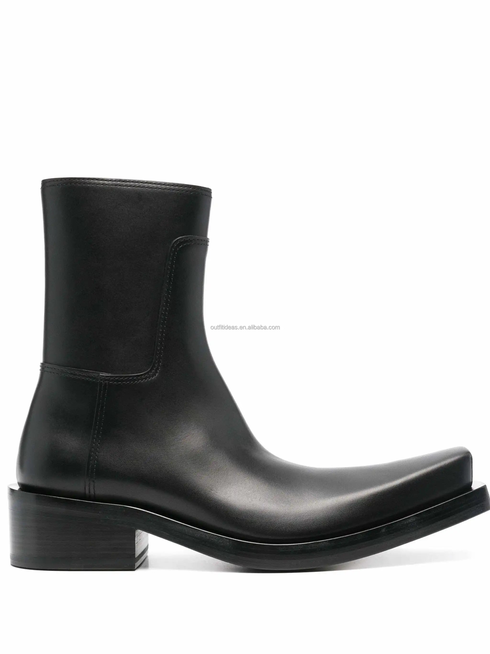 Extra Square Toe Calfskin Chelsea Boots Chunky Low Block Heel Shoes Black Santiago Over-the-knee Leather Biker Boots for Men
