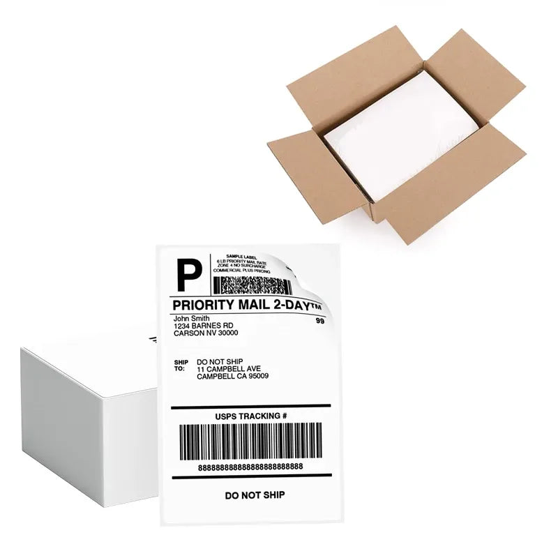 4x6 direct thermal shipping labels, perforated white fanfold, barcode and tracking print