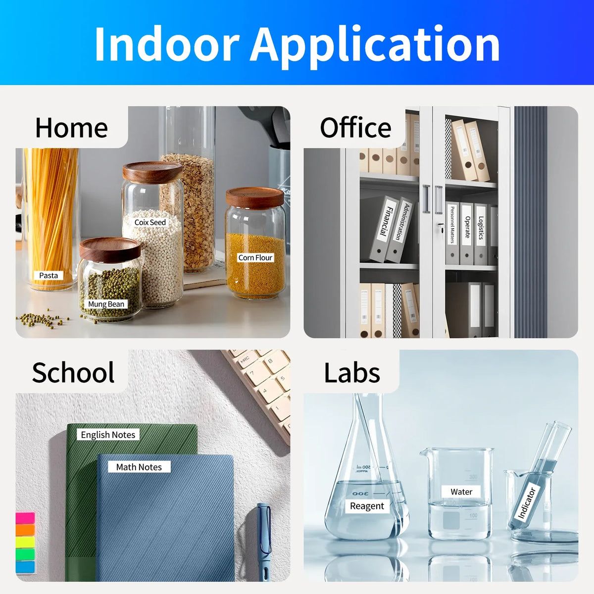Indoor application label graphic with home, office, school, and lab scene tiles