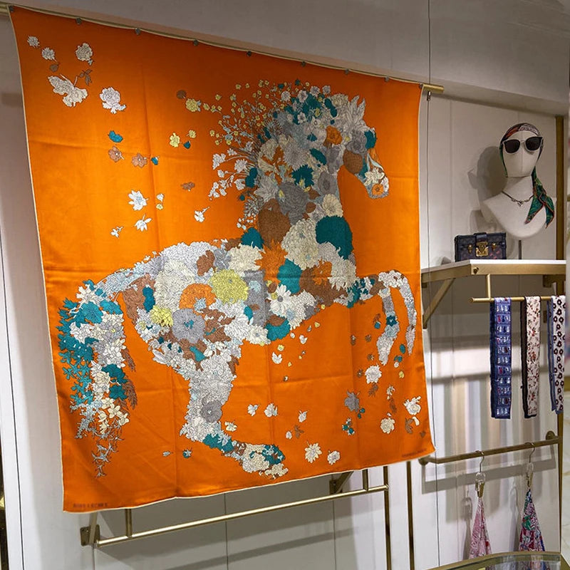 Luxurious 140x140cm Large Square Flower Horse Printed Brand Cashmere Silk Scarf Gift  for Elegant Individuals in Stock MOQ 1 PC