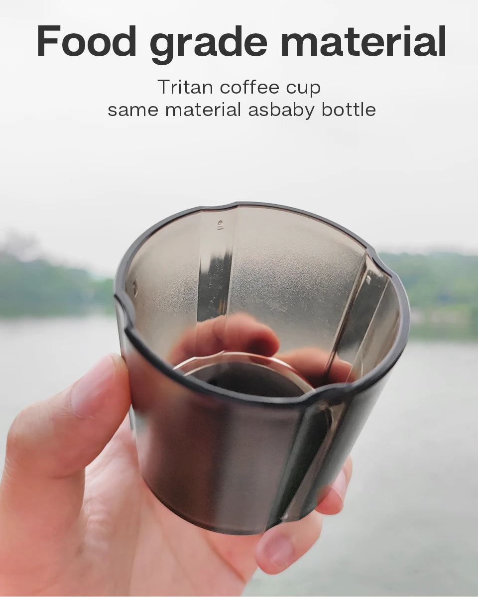 Hand holding a translucent gray Tritan coffee cup made of food-grade, baby-bottle safe material.