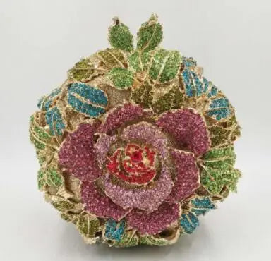Luxury crystal flower clutch bag, round gold evening handbag with pink, green, and blue rhinestones for weddings.