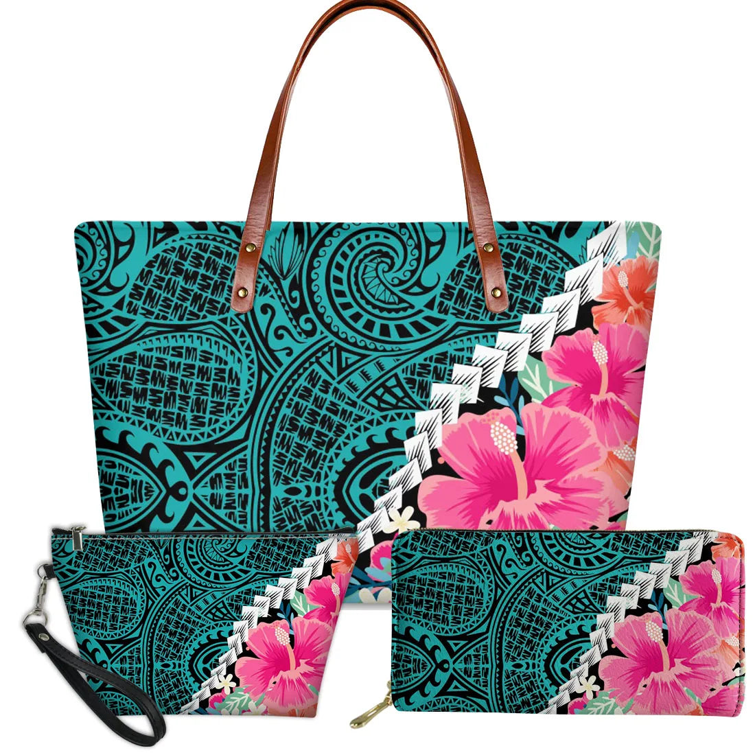 3-piece turquoise and black Polynesian tribal handbag set featuring pink hibiscus floral prints and brown leather straps.