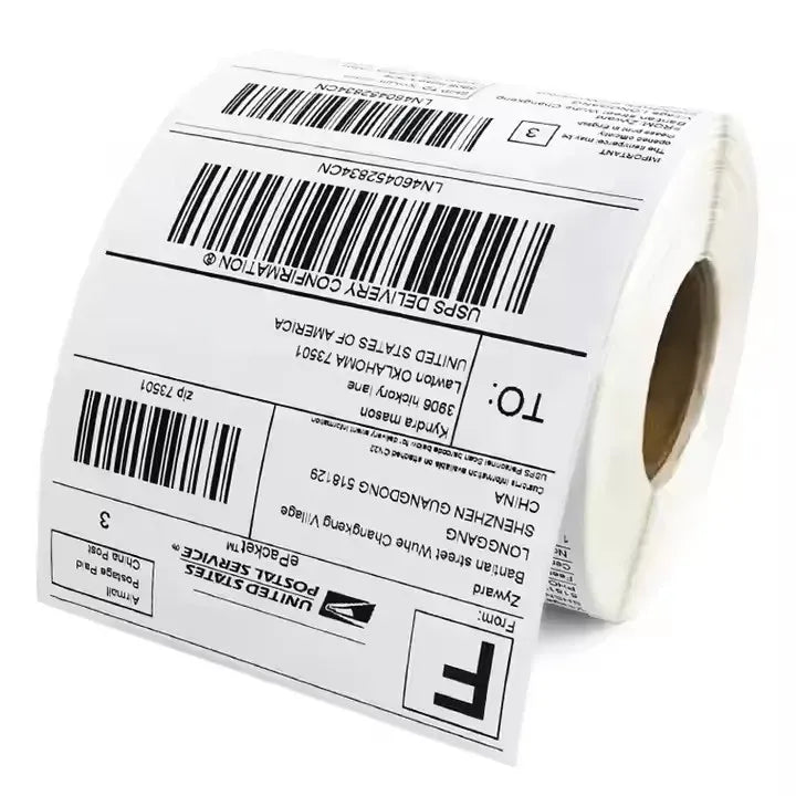 White 4x6 thermal shipping label with barcode and text blocks