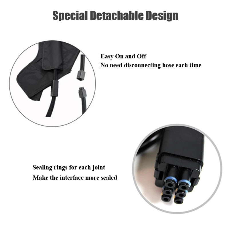 Detachable black air compression leg massage boot hose connector with airtight sealing rings for easy use.