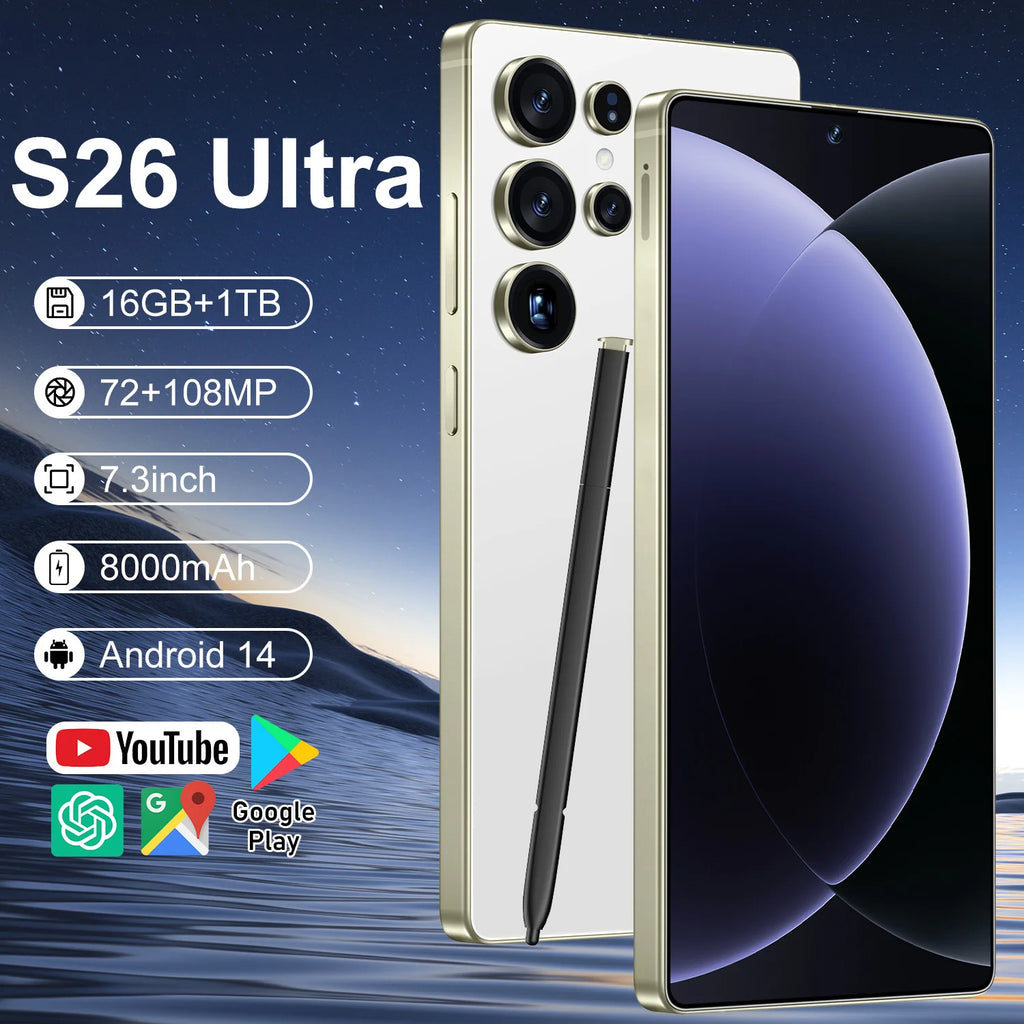 S26 Ultra 5G smartphone with 7.3-inch 144Hz display 108MP camera and 16GB RAM 1TB storage Android 15 phone