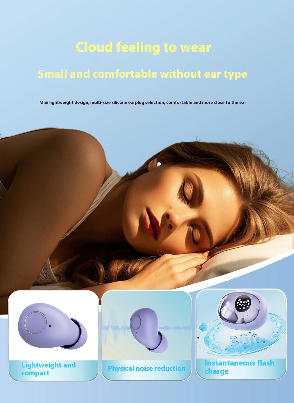 Mini Wireless for Bluetooth Earbuds Long Battery Life Noise Cancelling LED for Sleep/Work In-Ear Tidesmit